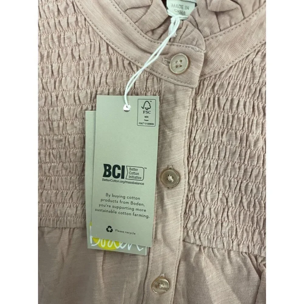 Boden Womens Top Shirt UK 12 US 8 Pink Puff Sleeve Smocked Blouse T0878 NWT